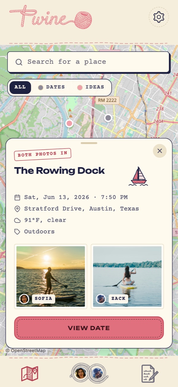 The Map: date pins around Austin, with past-date pins and a June paddle boarding date at The Rowing Dock open — both photos in, each taken of the other.
