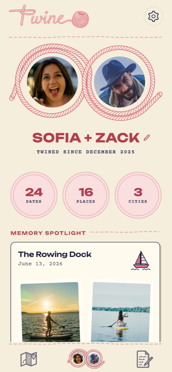 Twine's Us screen: Sofia and Zack's photos inside a figure-eight rope, twined since December 2025, with 24 dates, 16 places and 3 cities, and a memory from The Rowing Dock.